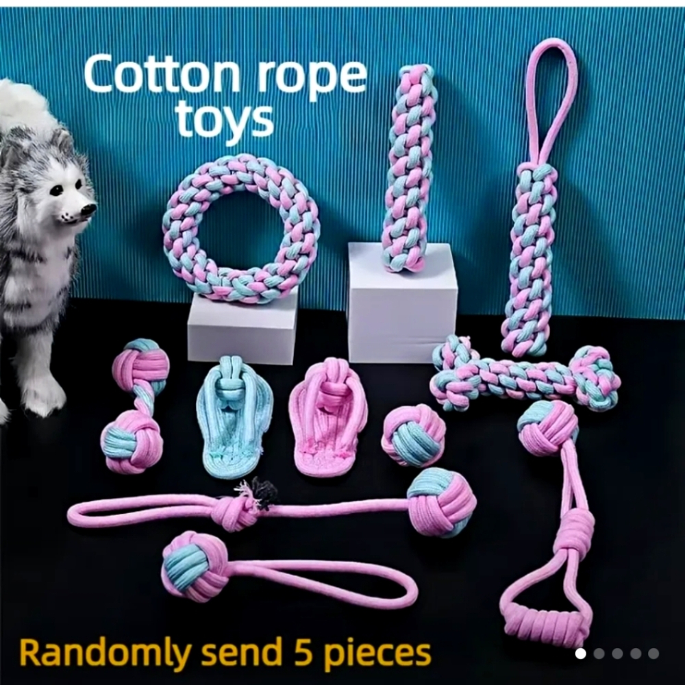 5 Piece Cotton Rope Toys for Dogs - Pink and Blue Set